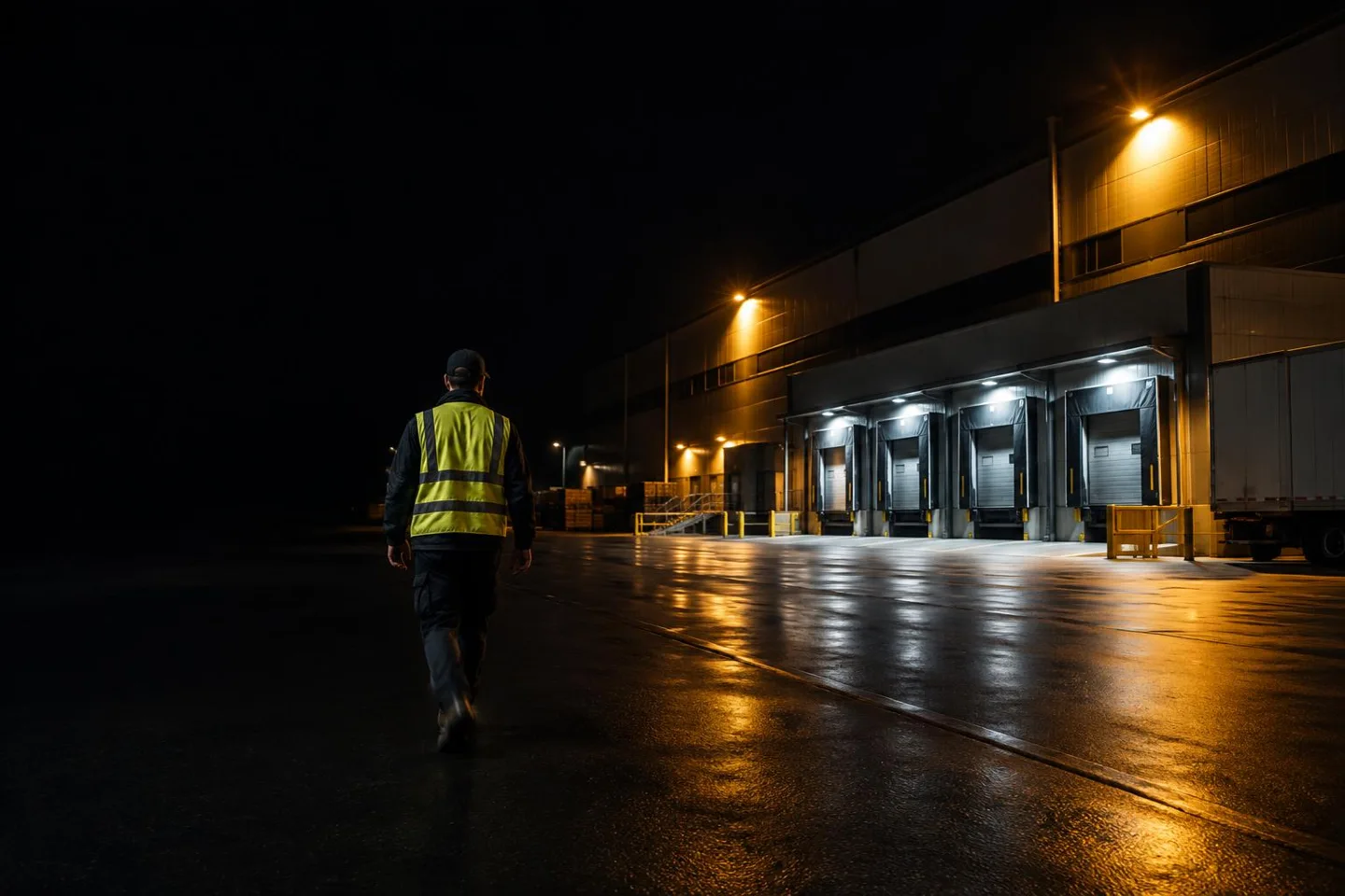 Pracownik w kamizelce odblaskowej idący nocą do magazynu